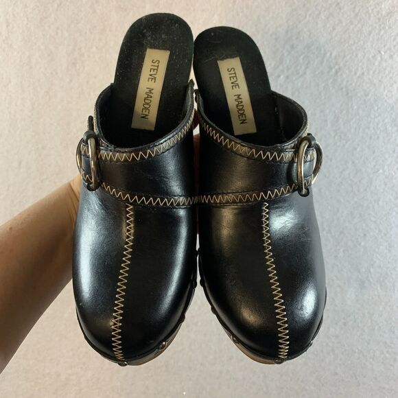VTG 00s Steve Madden Women Y2K Wooden Platform Clogs Sz 6 Black Leather Studded - Picture 4 of 16